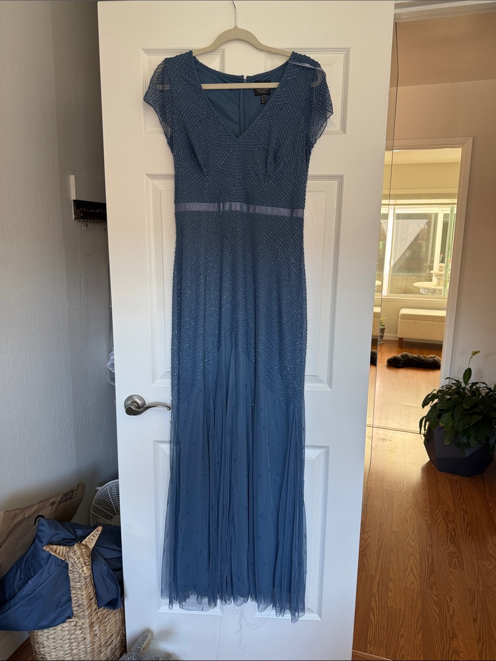 Adrianna Papell Blue Beaded V-Neck Maxi Dress